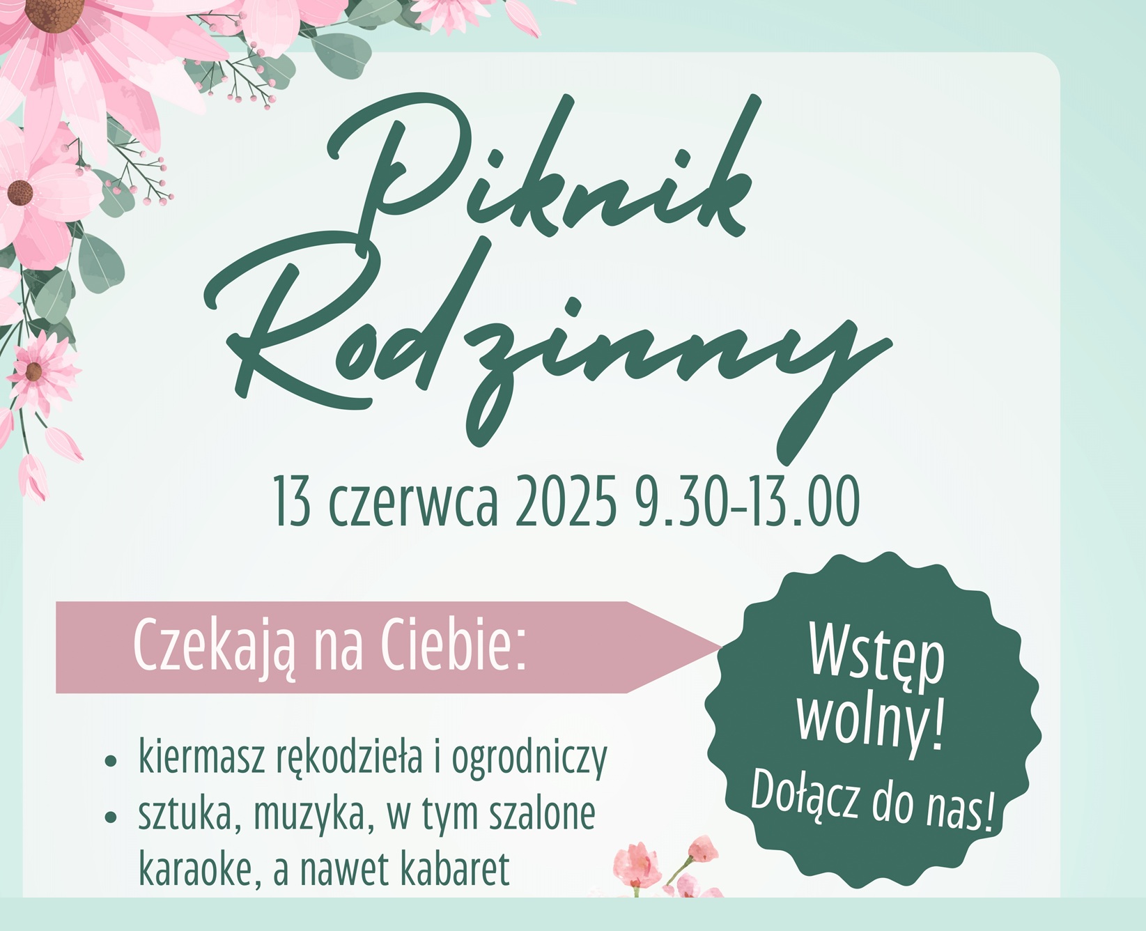 Piknik rodzinny. Zaproszenie. 13 czerwca.